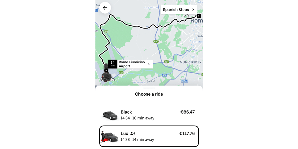 Uber fares from Fiumicino Airport to Rome city center